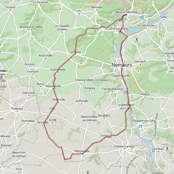 Miniature de la carte de l'inspiration cycliste "Parcours VTT autour de Bourron-Marlotte" dans la Ile-de-France, France. Générée par le planificateur d'itinéraire cycliste Tarmacs.app