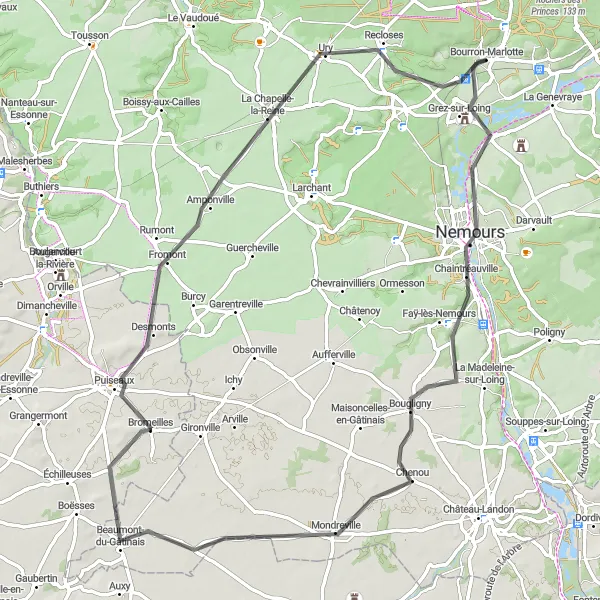 Map miniature of "Bourron-Marlotte Circuit" cycling inspiration in Ile-de-France, France. Generated by Tarmacs.app cycling route planner