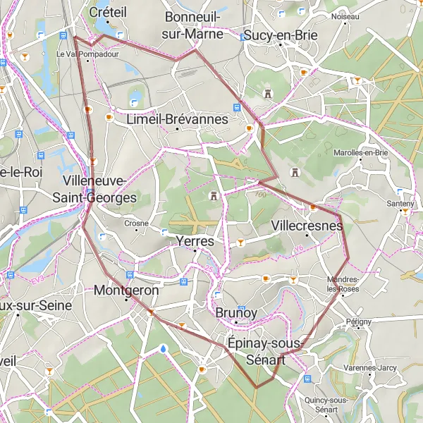 Map miniature of "Boussy-Saint-Antoine to Villeneuve-Saint-Georges" cycling inspiration in Ile-de-France, France. Generated by Tarmacs.app cycling route planner