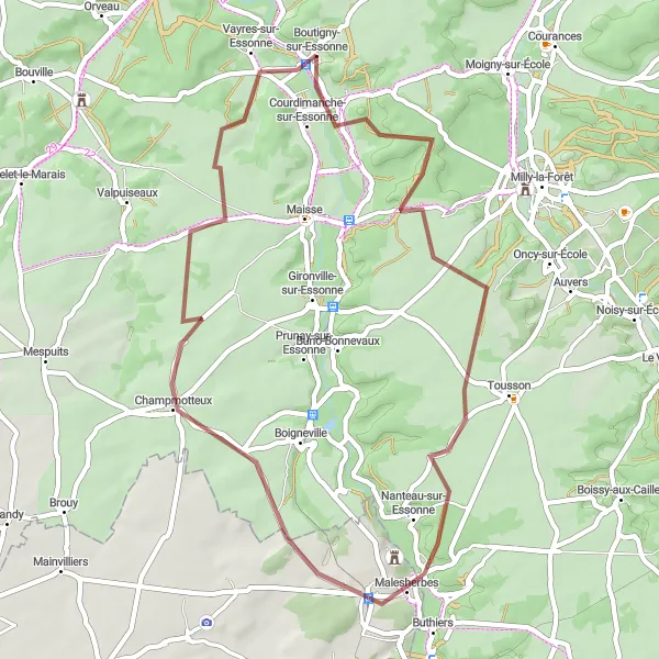 Map miniature of "Scenic Gravel Route to Boisminard and Champmotteux" cycling inspiration in Ile-de-France, France. Generated by Tarmacs.app cycling route planner
