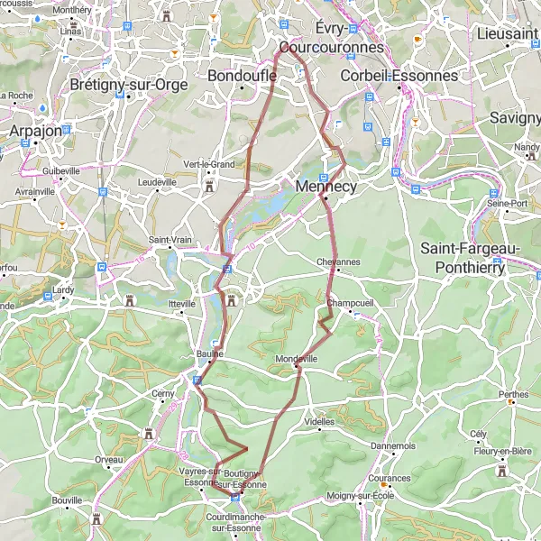 Map miniature of "Challenging Gravel Route to La Ferté-Alais and Mennecy" cycling inspiration in Ile-de-France, France. Generated by Tarmacs.app cycling route planner