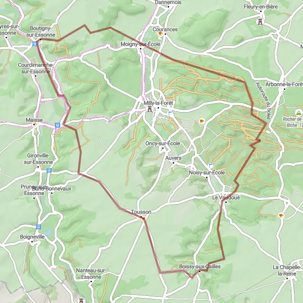 Map miniature of "Exploring Gravel Route to Moigny-sur-École and Courdimanche-sur-Essonne" cycling inspiration in Ile-de-France, France. Generated by Tarmacs.app cycling route planner