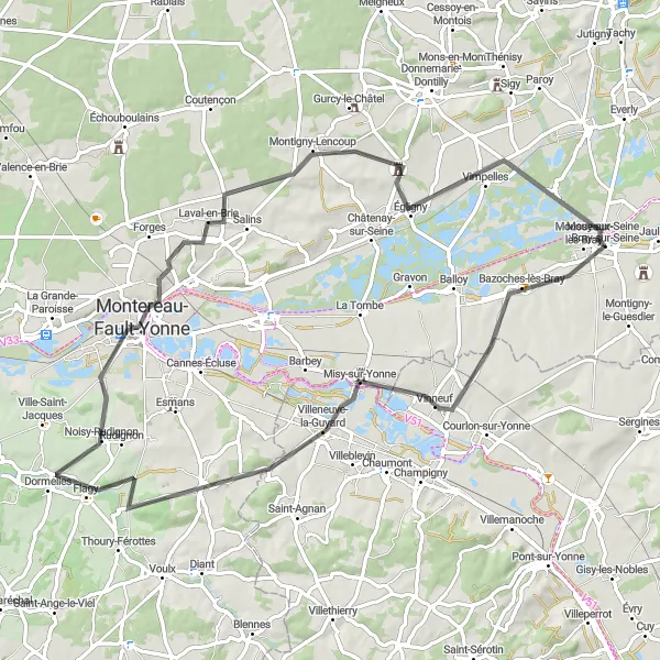 Map miniature of "Vinneuf to Montigny-Lencoup" cycling inspiration in Ile-de-France, France. Generated by Tarmacs.app cycling route planner