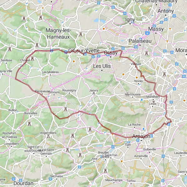 Map miniature of "Arpajon - Fontenay-lès-Briis - Choisel - Point de Vue - Bures-sur-Yvette - Montlhéry - Brétigny-sur-Orge" cycling inspiration in Ile-de-France, France. Generated by Tarmacs.app cycling route planner