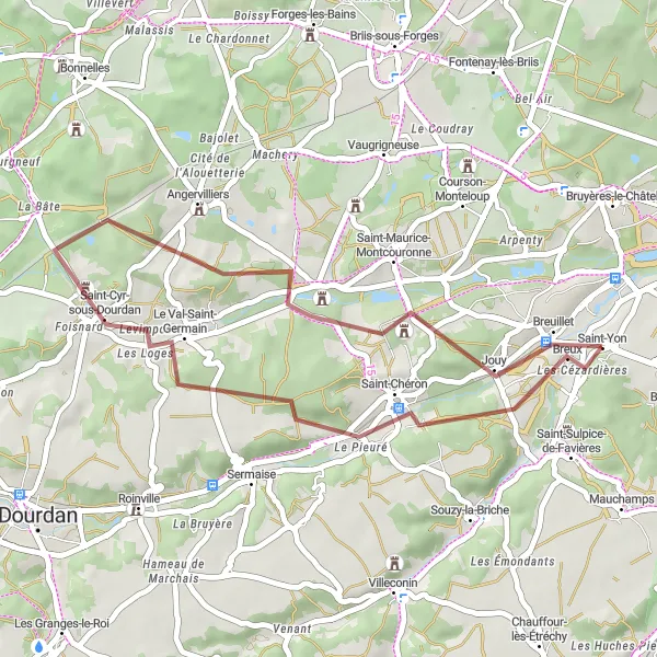 Map miniature of "Discover the Essonne Valley" cycling inspiration in Ile-de-France, France. Generated by Tarmacs.app cycling route planner