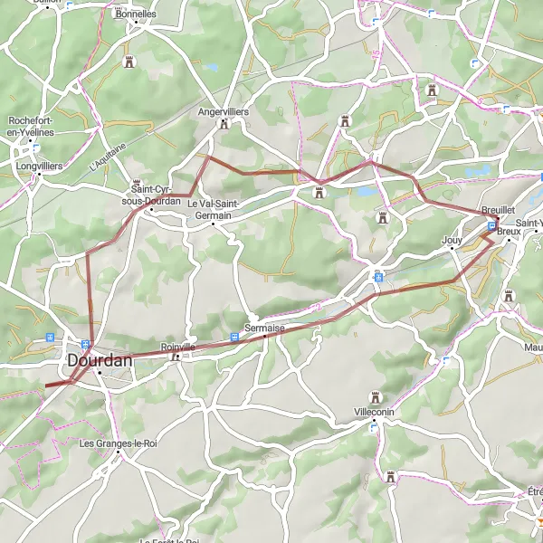 Map miniature of "Exploring Dourdan and Saint-Maurice-Montcouronne" cycling inspiration in Ile-de-France, France. Generated by Tarmacs.app cycling route planner