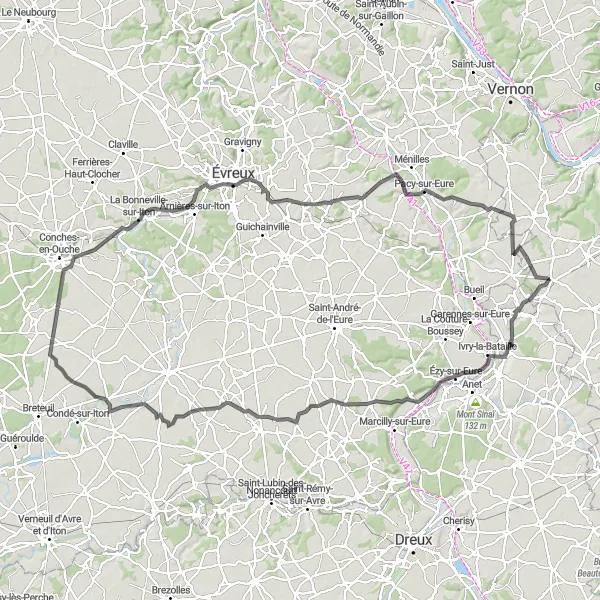 Miniature de la carte de l'inspiration cycliste "Parcours panoramique vers Pacy-sur-Eure" dans la Ile-de-France, France. Générée par le planificateur d'itinéraire cycliste Tarmacs.app