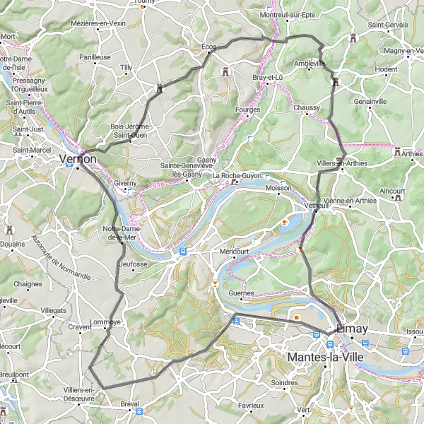 Miniature de la carte de l'inspiration cycliste "Parcours des Châteaux et Vallées" dans la Ile-de-France, France. Générée par le planificateur d'itinéraire cycliste Tarmacs.app