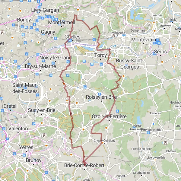 Map miniature of "Brie-Comte-Robert to Chevry-Cossigny Loop" cycling inspiration in Ile-de-France, France. Generated by Tarmacs.app cycling route planner