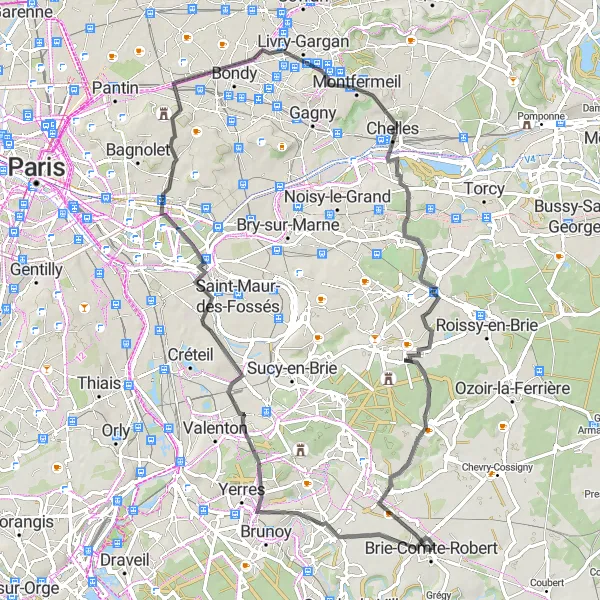 Map miniature of "Brie-Comte-Robert to Servon Ride" cycling inspiration in Ile-de-France, France. Generated by Tarmacs.app cycling route planner