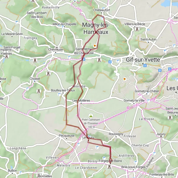Miniature de la carte de l'inspiration cycliste "Parcours gravel à Saint-Rémy-lès-Chevreuse" dans la Ile-de-France, France. Générée par le planificateur d'itinéraire cycliste Tarmacs.app