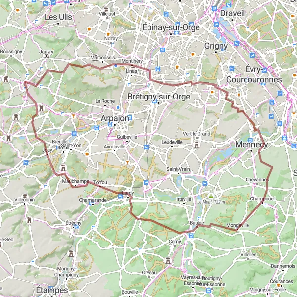 Miniature de la carte de l'inspiration cycliste "Tour de gravel à Saint-Sulpice-de-Favières" dans la Ile-de-France, France. Générée par le planificateur d'itinéraire cycliste Tarmacs.app