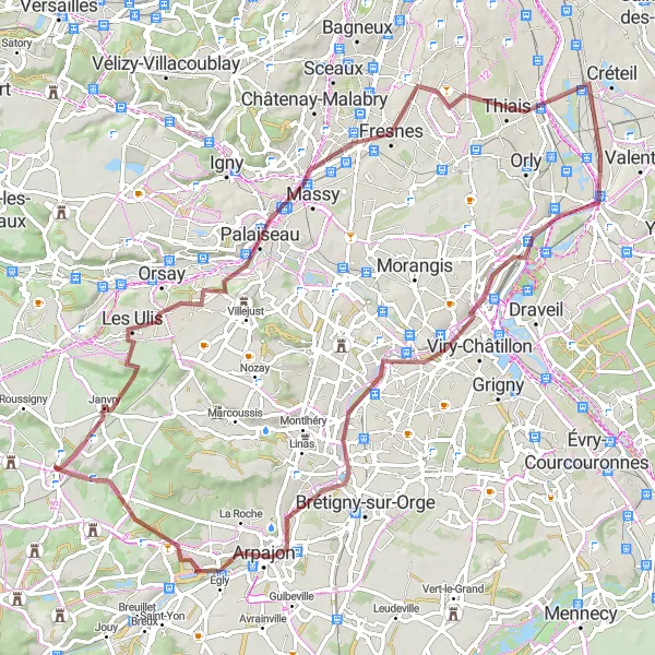 Miniature de la carte de l'inspiration cycliste "Tour des Châteaux de l'Essonne et Observatoire de la Faune" dans la Ile-de-France, France. Générée par le planificateur d'itinéraire cycliste Tarmacs.app