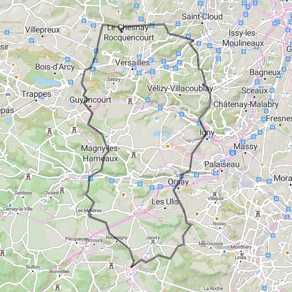 Map miniature of "Essonne Hilltops" cycling inspiration in Ile-de-France, France. Generated by Tarmacs.app cycling route planner
