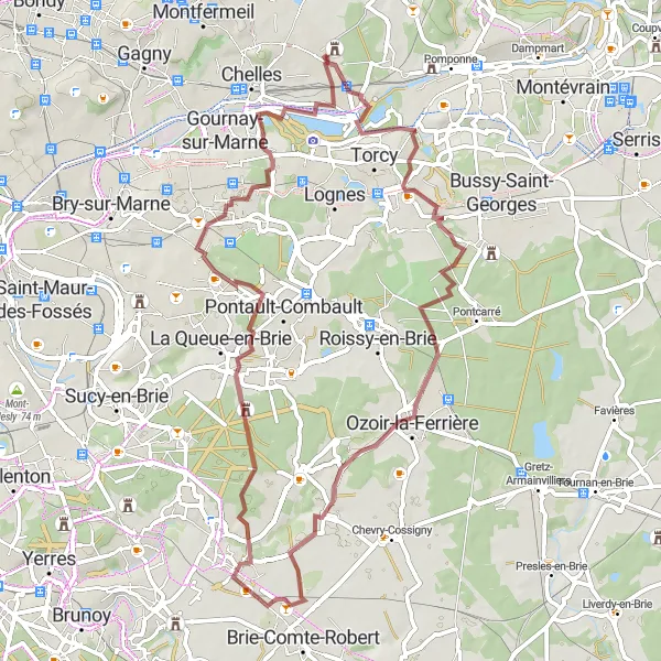 Miniature de la carte de l'inspiration cycliste "Tour du Pays de Brie" dans la Ile-de-France, France. Générée par le planificateur d'itinéraire cycliste Tarmacs.app