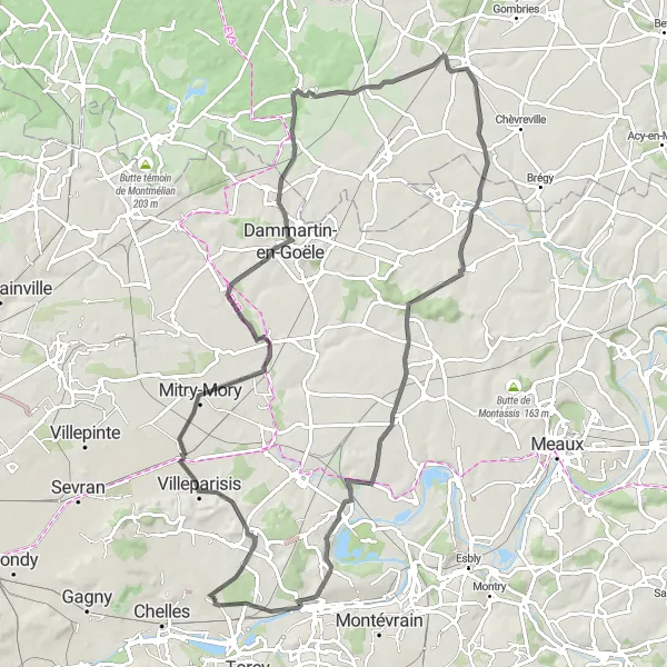 Map miniature of "Brou-sur-Chantereine to Villeparisis and Beyond" cycling inspiration in Ile-de-France, France. Generated by Tarmacs.app cycling route planner