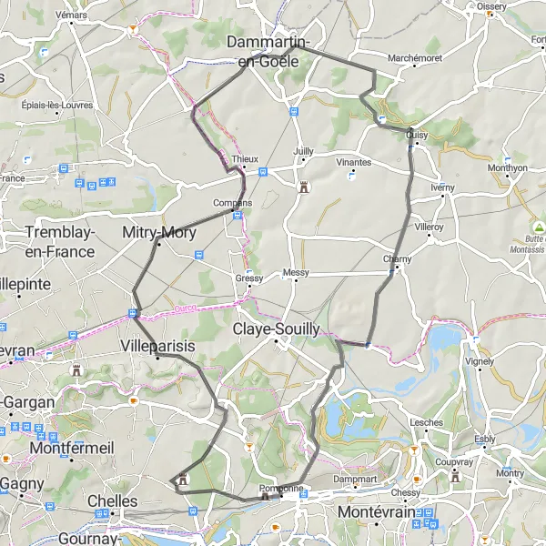 Map miniature of "Brou-sur-Chantereine to Dammartin-en-Goële Loop" cycling inspiration in Ile-de-France, France. Generated by Tarmacs.app cycling route planner