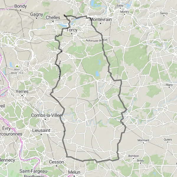 Map miniature of "Brou-sur-Chantereine to Brie-Comte-Robert Adventure" cycling inspiration in Ile-de-France, France. Generated by Tarmacs.app cycling route planner