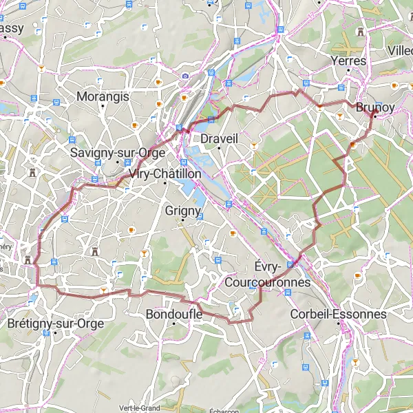 Miniature de la carte de l'inspiration cycliste "Les Vallées de l'Orge en Gravel" dans la Ile-de-France, France. Générée par le planificateur d'itinéraire cycliste Tarmacs.app