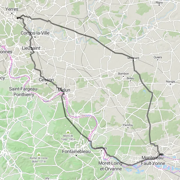 Map miniature of "Cycling around Brunoy - A trip through Brie-Comte-Robert and Montereau-Fault-Yonne" cycling inspiration in Ile-de-France, France. Generated by Tarmacs.app cycling route planner