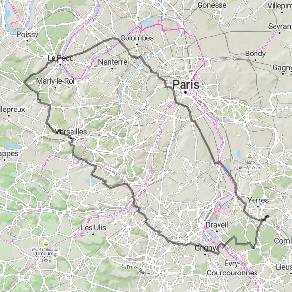 Miniature de la carte de l'inspiration cycliste "Versailles et les Étangs de Saclay" dans la Ile-de-France, France. Générée par le planificateur d'itinéraire cycliste Tarmacs.app