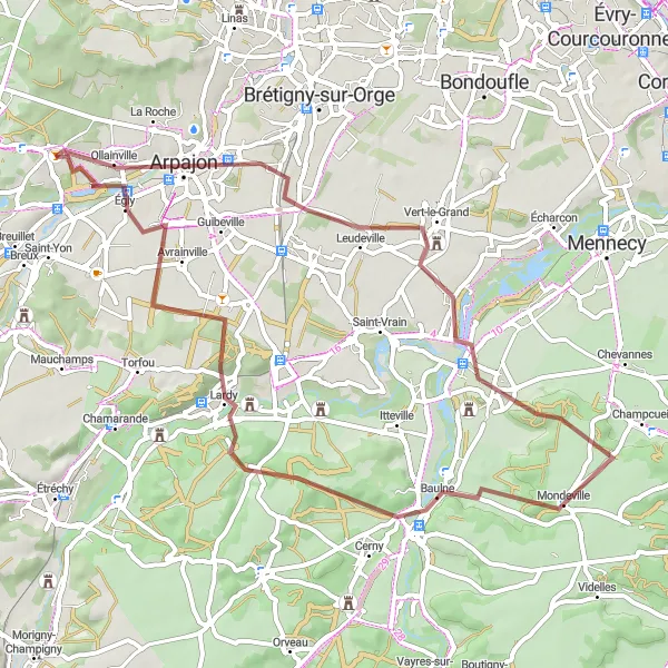 Map miniature of "Gravel adventure to Arpajon and Vert-le-Petit" cycling inspiration in Ile-de-France, France. Generated by Tarmacs.app cycling route planner