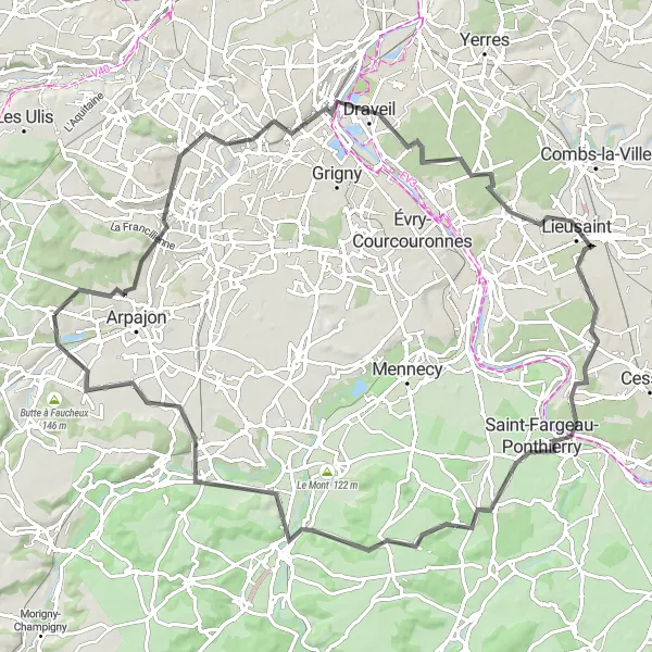 Map miniature of "Long loop through Épinay-sur-Orge, Tigery, and Seine-Port" cycling inspiration in Ile-de-France, France. Generated by Tarmacs.app cycling route planner