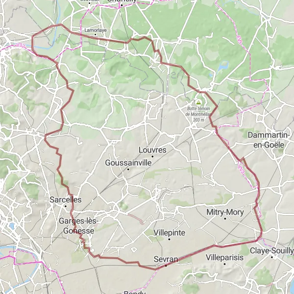 Map miniature of "The Gravel Explorer: Bruyères-sur-Oise to Asnières-sur-Oise" cycling inspiration in Ile-de-France, France. Generated by Tarmacs.app cycling route planner