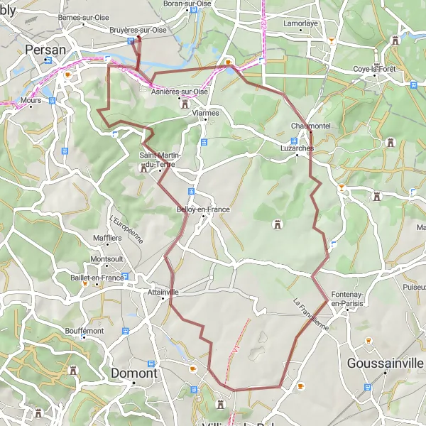 Miniature de la carte de l'inspiration cycliste "Parcours de Gravel à Chaumontel et Ézanville" dans la Ile-de-France, France. Générée par le planificateur d'itinéraire cycliste Tarmacs.app