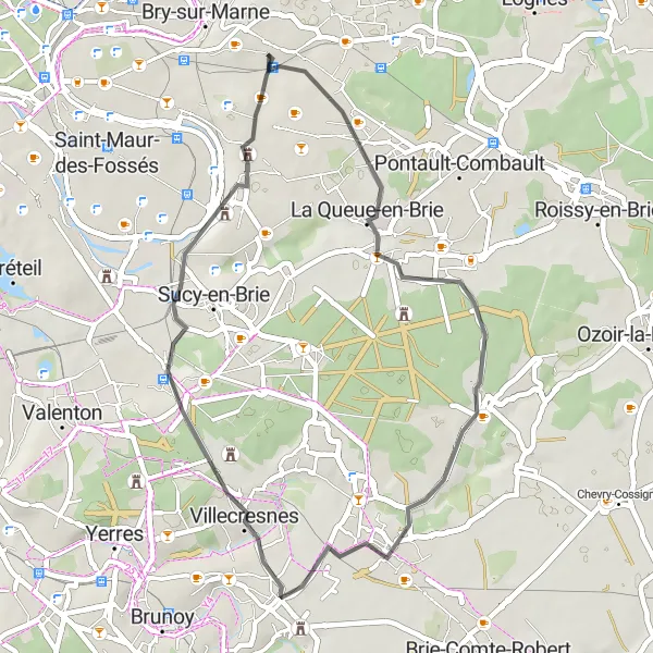 Miniature de la carte de l'inspiration cycliste "Itinéraire Route à La Queue-en-Brie" dans la Ile-de-France, France. Générée par le planificateur d'itinéraire cycliste Tarmacs.app