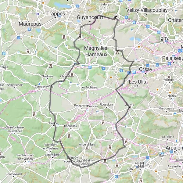 Map miniature of "Scenic Road Cycling Tour from Buc to Guyancourt" cycling inspiration in Ile-de-France, France. Generated by Tarmacs.app cycling route planner