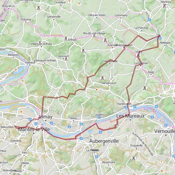 Map miniature of "The Valleys and Villages Gravel Loop" cycling inspiration in Ile-de-France, France. Generated by Tarmacs.app cycling route planner