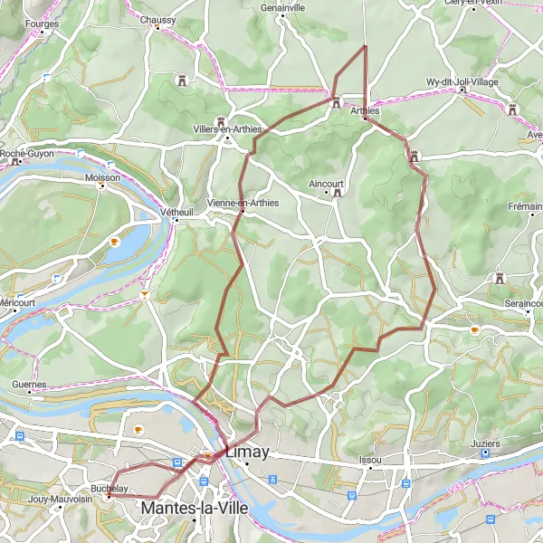 Miniature de la carte de l'inspiration cycliste "Boucle de la Vallée de la Seine" dans la Ile-de-France, France. Générée par le planificateur d'itinéraire cycliste Tarmacs.app