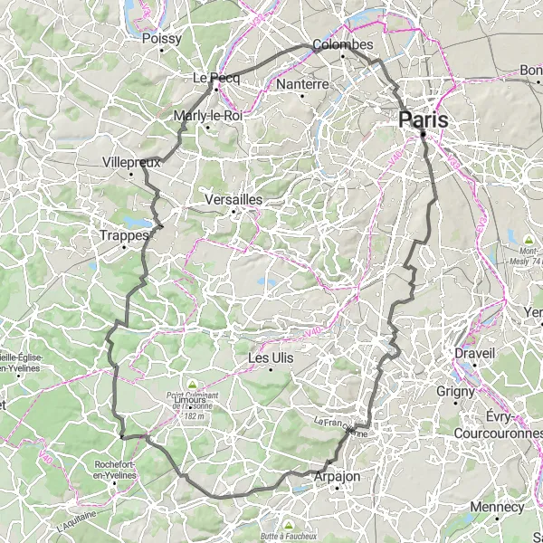 Map miniature of "Road Paradise: Dampierre-en-Yvelines to Angervilliers" cycling inspiration in Ile-de-France, France. Generated by Tarmacs.app cycling route planner