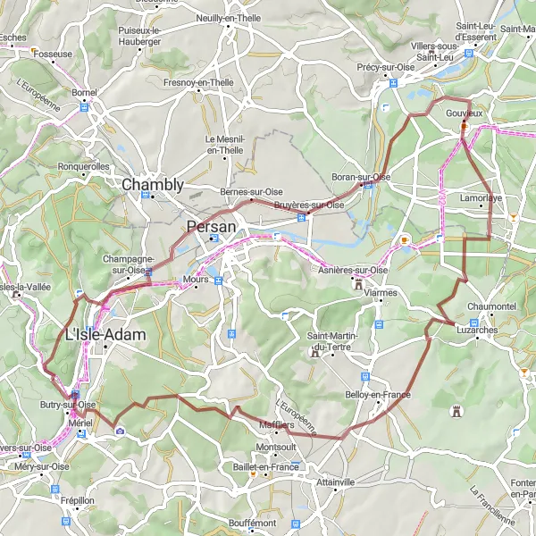 Map miniature of "Jouy-le-Comte and Belloy-en-France Gravel Adventure" cycling inspiration in Ile-de-France, France. Generated by Tarmacs.app cycling route planner