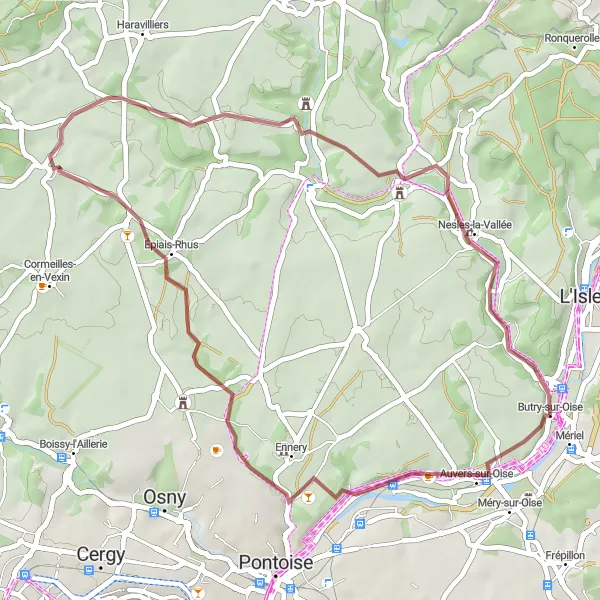 Map miniature of "Gravel Route: Butry-sur-Oise to Manoir de Nesles-la-Vallée" cycling inspiration in Ile-de-France, France. Generated by Tarmacs.app cycling route planner