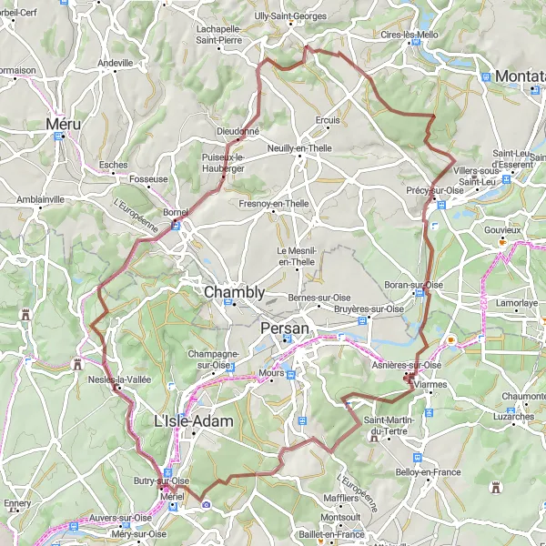 Map miniature of "Nesles-la-Vallée and Touteville Gravel Loop" cycling inspiration in Ile-de-France, France. Generated by Tarmacs.app cycling route planner