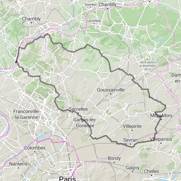 Map miniature of "Road Route: Butry-sur-Oise to Les Plateaux du Val d'Oise" cycling inspiration in Ile-de-France, France. Generated by Tarmacs.app cycling route planner