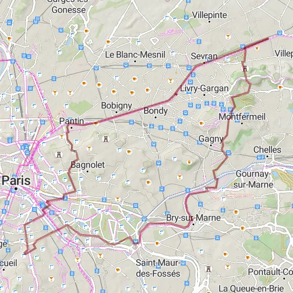 Map miniature of "Cachan to Pantin" cycling inspiration in Ile-de-France, France. Generated by Tarmacs.app cycling route planner