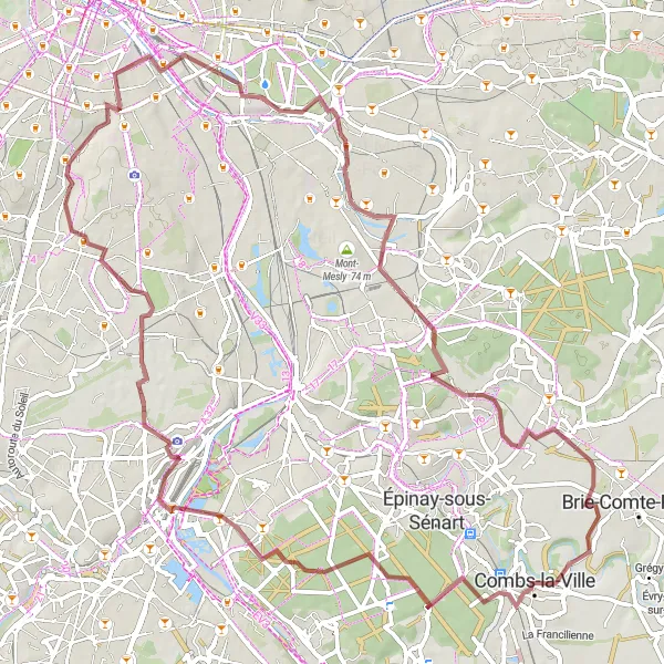 Miniature de la carte de l'inspiration cycliste "Tour de la Seine-et-Marne" dans la Ile-de-France, France. Générée par le planificateur d'itinéraire cycliste Tarmacs.app