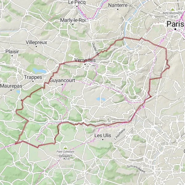 Map miniature of "Cachan to Versailles Gravel Cycling Route" cycling inspiration in Ile-de-France, France. Generated by Tarmacs.app cycling route planner