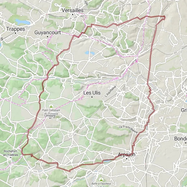 Miniature de la carte de l'inspiration cycliste "Boucle des Châteaux et Forêts de l'Essonne" dans la Ile-de-France, France. Générée par le planificateur d'itinéraire cycliste Tarmacs.app