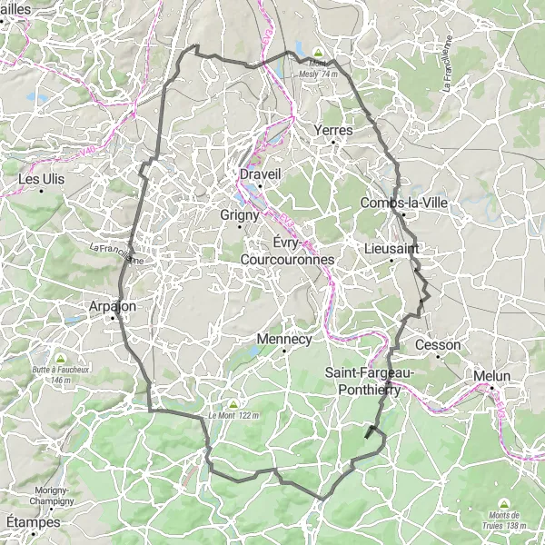 Map miniature of "Cachan to Arpajon" cycling inspiration in Ile-de-France, France. Generated by Tarmacs.app cycling route planner