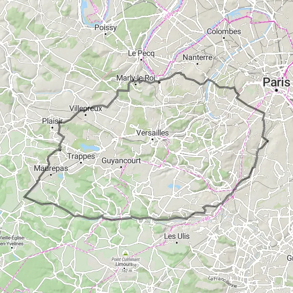 Map miniature of "Cachan to Suresnes" cycling inspiration in Ile-de-France, France. Generated by Tarmacs.app cycling route planner