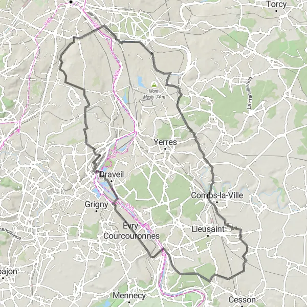Map miniature of "From Cachan to Evry-Courcouronnes" cycling inspiration in Ile-de-France, France. Generated by Tarmacs.app cycling route planner