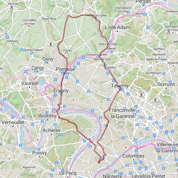 Miniature de la carte de l'inspiration cycliste "Boucle de gravel vers Pontoise" dans la Ile-de-France, France. Générée par le planificateur d'itinéraire cycliste Tarmacs.app