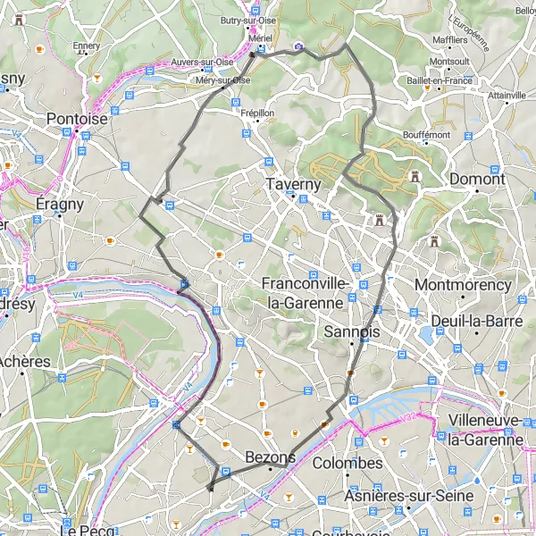Miniature de la carte de l'inspiration cycliste "Tour sur route à Carrières-sur-Seine" dans la Ile-de-France, France. Générée par le planificateur d'itinéraire cycliste Tarmacs.app