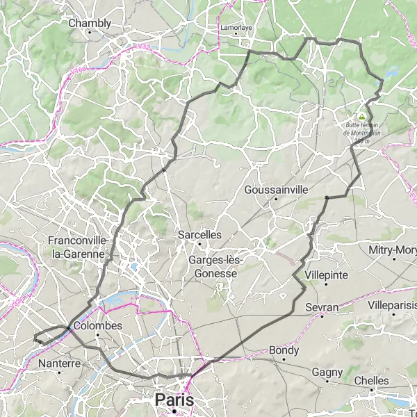 Miniature de la carte de l'inspiration cycliste "Parcours vallonné autour d'Argenteuil" dans la Ile-de-France, France. Générée par le planificateur d'itinéraire cycliste Tarmacs.app