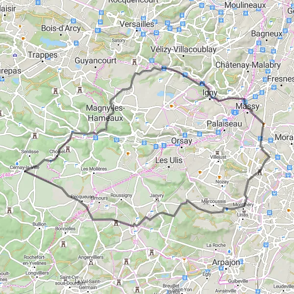 Map miniature of "Cycling through Choisel and Jouy-en-Josas" cycling inspiration in Ile-de-France, France. Generated by Tarmacs.app cycling route planner