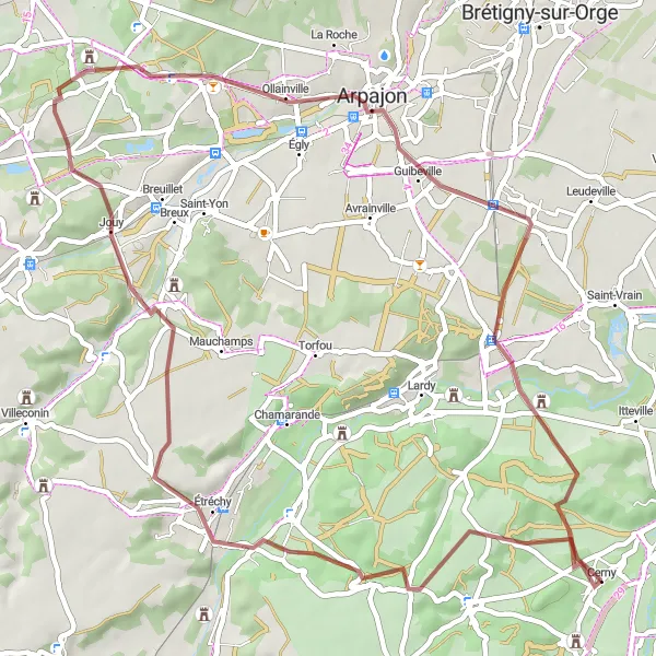 Map miniature of "Ollainville Adventure Ride" cycling inspiration in Ile-de-France, France. Generated by Tarmacs.app cycling route planner